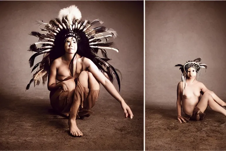 Image similar to a woman in a buffalo headdress sitting on the ground with one leg raised, cosplay, photoshoot, studio lighting, photograph by Bruce Weber