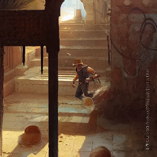 Image similar to indiana jones stealing a catalytic convertor, that is on a trapped pedastal, from inside a temple, painted by greg rutkowski