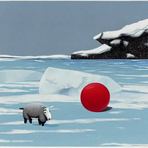 Prompt: cartoon drawing of a seal tossing a red ball with a sheep in antarctica. the seal's head is sticking out above the water and the sheep is standing near the edge of ice - n 6