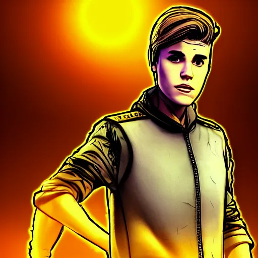 Image similar to justin bieber portrait, borderlands, tales from the borderlands, the wolf among us, comic, cinematic lighting, studio quality, 8 k