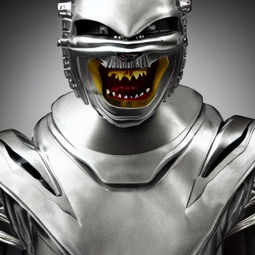 Image similar to silver tiger-like features on a humanoid face wearing space armor, yellow eyes, teeth like a saber tooth and fine grayish fur