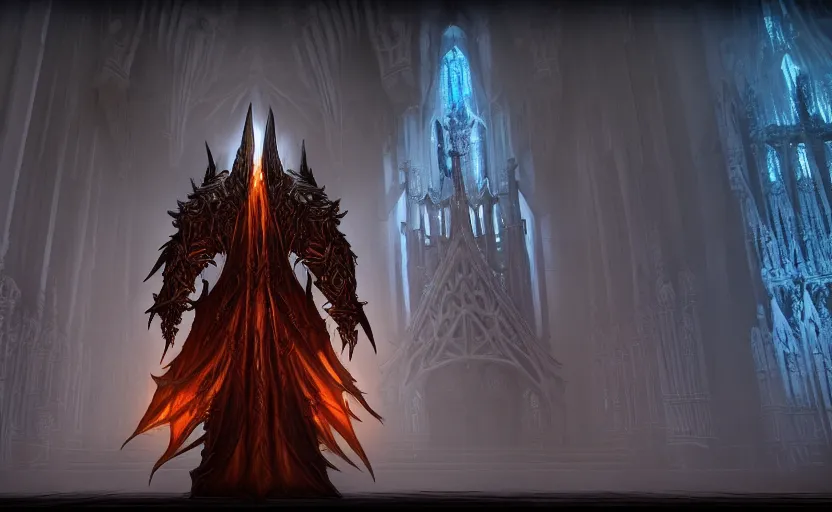 Prompt: Diablo 3 Tyrael standing in front of the Sagrada Familia, epic, heroic, featured on artstation, 4k, dark lighting, unreal engine 5