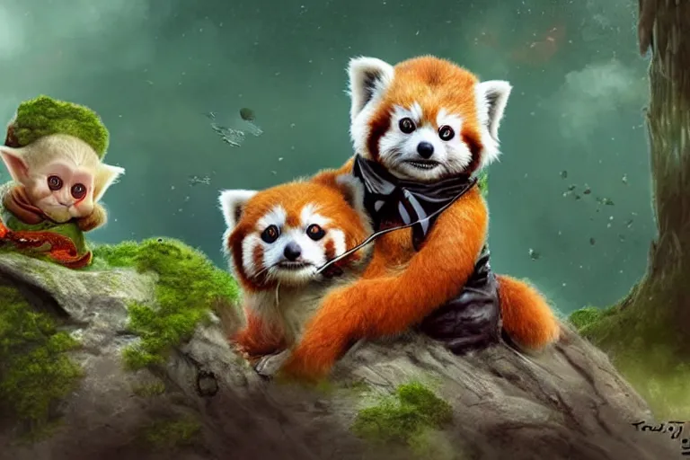 Prompt: an extremely cute (red panda), and the adorable (baby-yoda), sitting on a lichen covered ancient bolder and sing songs and have a tea party, in the far background a hazy outline up in the sky of Darth Vader's TIE fighter, mischievous, inquisitive, devious, hilarious, funny, by Tyler Edlin