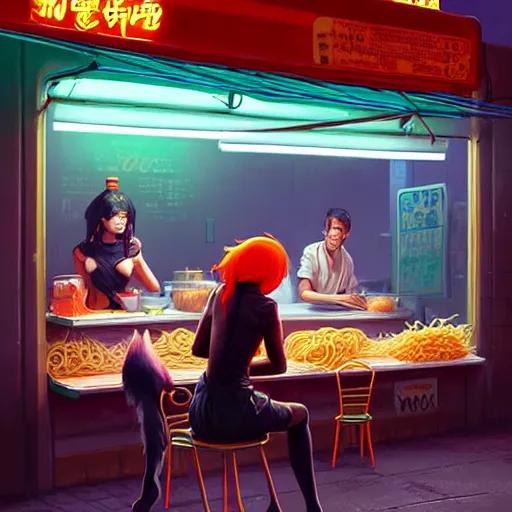 Prompt: splash art of anthropomorphic female vulpes vulpes fulva woman sitting at a noodle stand eating noodles in the crowded street of a cyberpunk city, rain, harsh neon lighting, realistic ultra detailed : by weta, greg rutkowski, wlop, ilya kuvshinov, rossdraws, artgerm, octane render, liosh, mucha