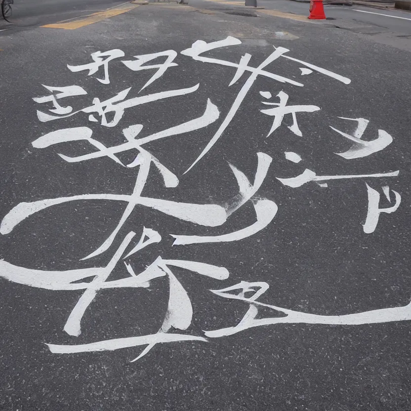 Image similar to a beautiful calligraphic kanji painted on the street, akira style, hyper realistic, natural light