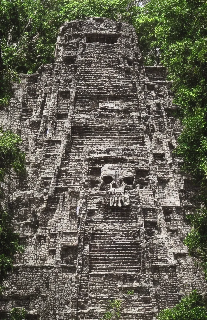 Prompt: mayan temple in form of punisher emblem. background jungle