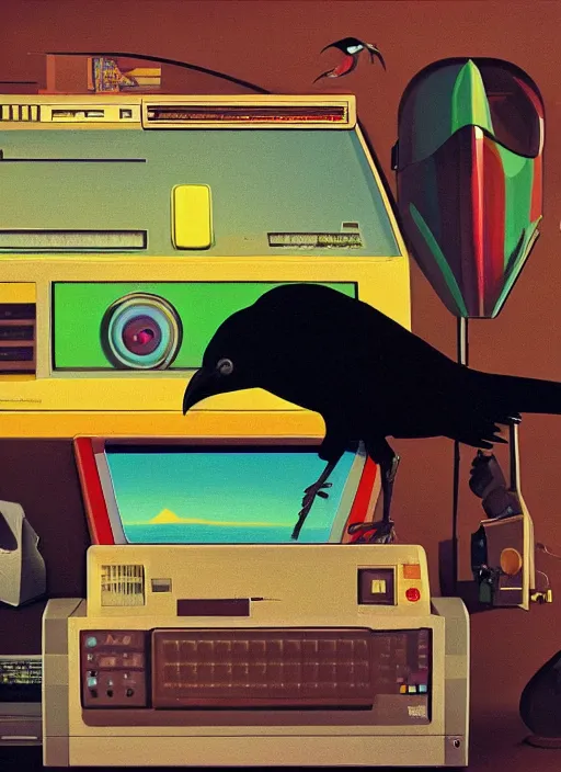 Image similar to a raven digging through 8 0 s era technology, vintage shapes, retro technology, happy color, wayne barlow, oil on canvas, deep depth field, masterpiece, cinematic composition, hyperdetailed