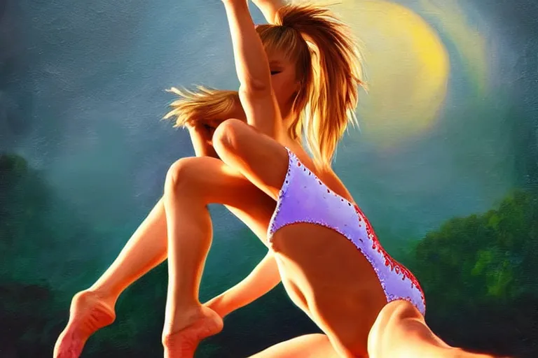 Image similar to gymnast girl, fantasy, painting, ultra realistic!!!, clear weather, golden hour, sharp focus