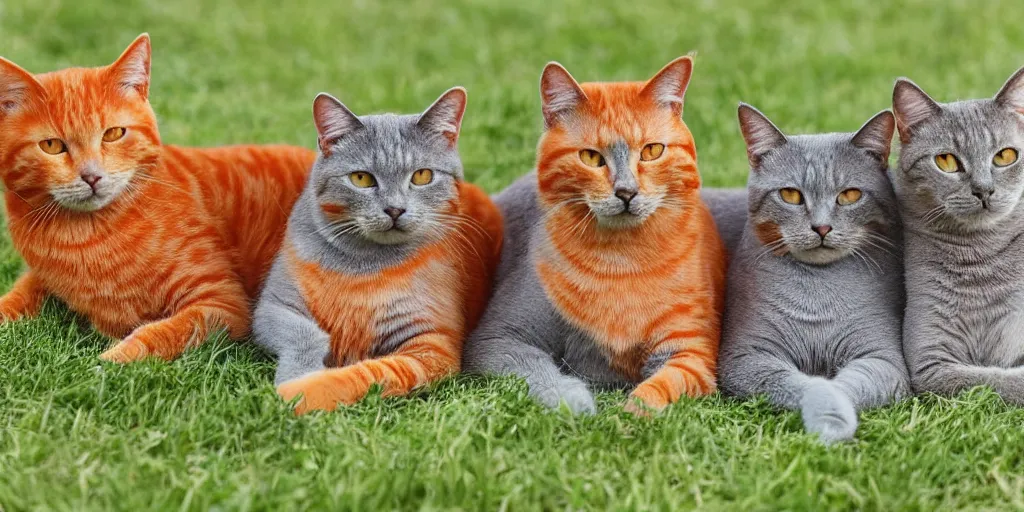 Prompt: three orange cats and two grey cats relaxing in a field