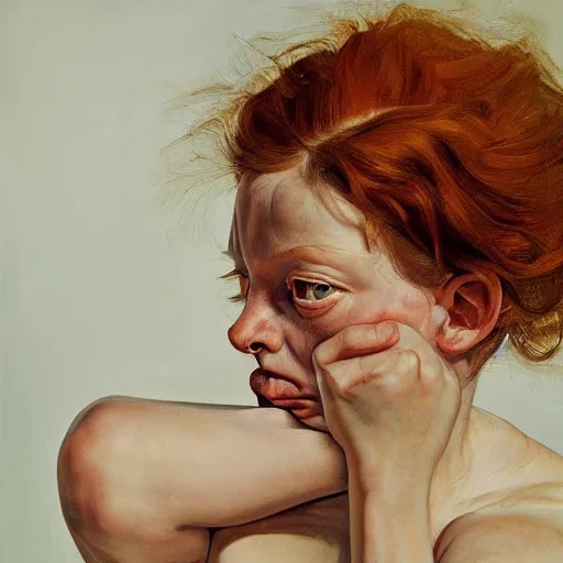 Image similar to high quality high detail painting by lucian freud, hd, ginger girl, angry, photorealistic lighting