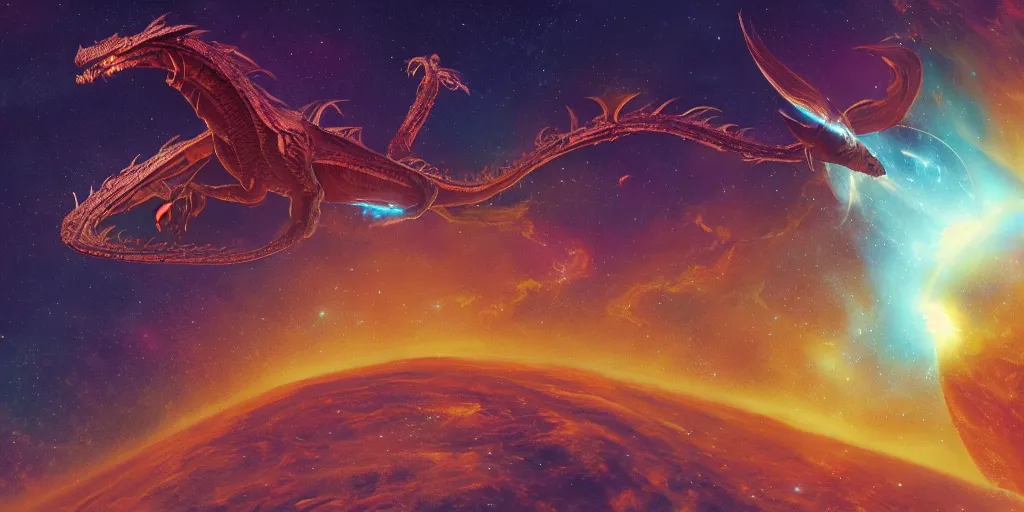 Prompt: a cinematic shot of an alien dragon flying through outer space, epic nebula, style of jean giraud moebius, moebius, matte illustration, sharp focus, artstation