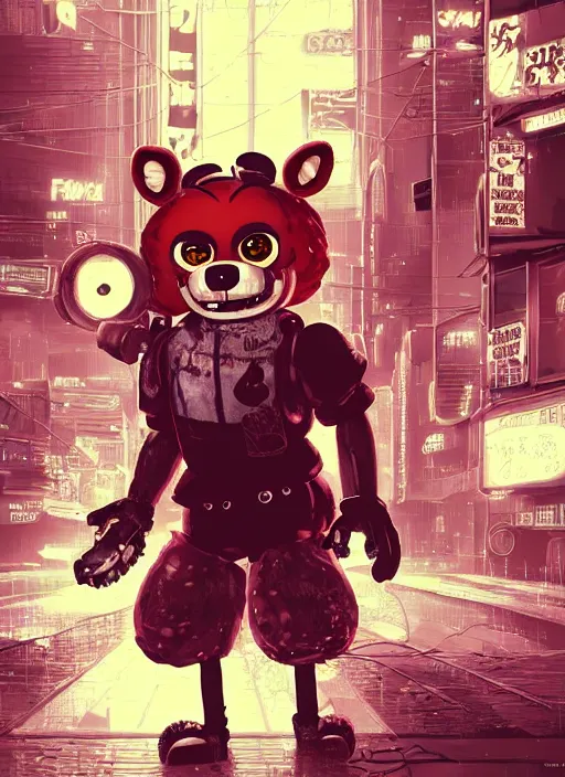 Image similar to character portrait of Foxy from Five Nights at Freddy's in a cyberpunk city at night while it rains. hidari, color page, tankoban, 4K, tone mapping, Akihiko Yoshida. Nomax, Kenket, Rukis. Horror, scary, comic book style, photorealistic, professional lighting, hyperdetailed, high resolution, high quality, dramatic, deviantart, artstation, 4k, real photo