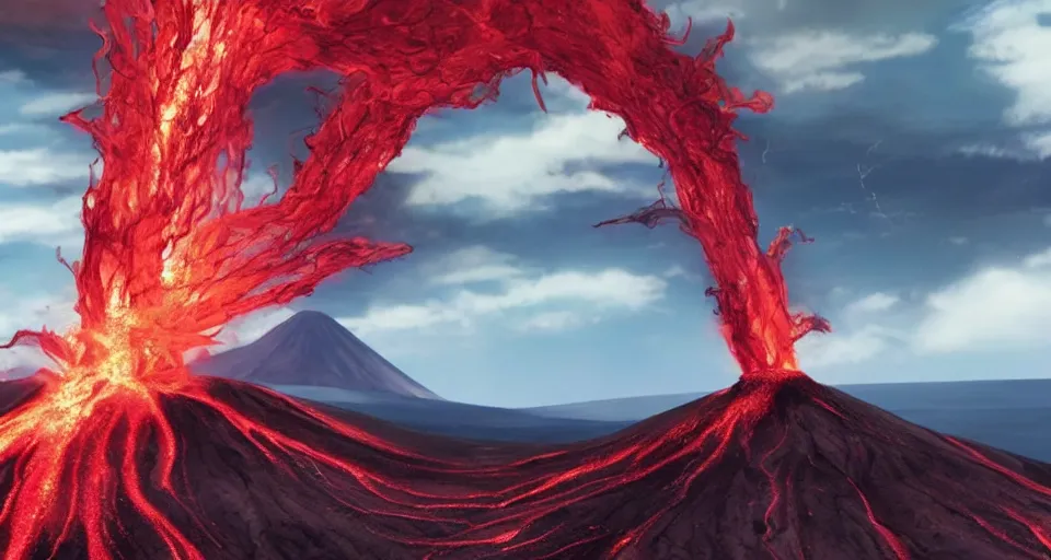 Prompt: a volcano made of ivory vines and crimson rocks enters in eruption, it spits a smoke in the shape of demonic eye, by Wit Studio