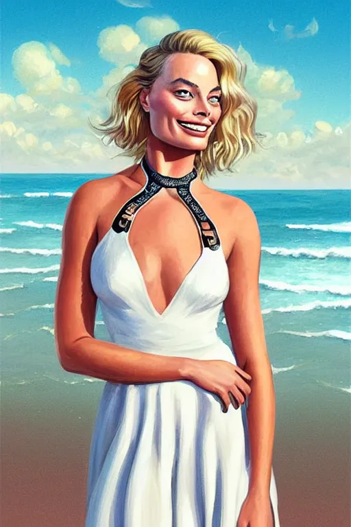 Prompt: portrait of a Margot Robbie wearing a sundress on the beach, looking at camera, D&D, choker on neck, stylish dress, long hair, intricate, elegant, stylish, cute smile, fantasy, extremely detailed, digital painting, artstation, concept art, smooth, sharp focus, illustration, ambient lighting, art by artgerm and greg rutkowski and alphonse mucha and simon stalenhag