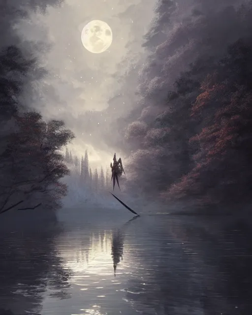 Image similar to ancient sword in the middle of a lake under a giant full moon, rippling reflections, trees and falling leaves, art by Raymond Swaziland and Greg Rutkowski, D&D, high fantasy, romantic, highly detailed, digital painting, trending on artstation, concept art, golden ratio, sharp focus, illustration, masterpiece, stunning
