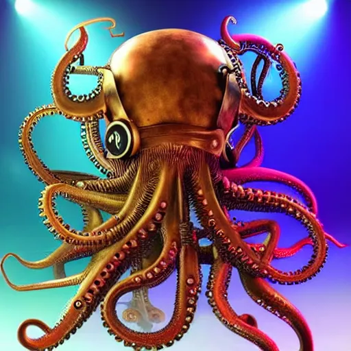 Image similar to steampunk octopus with headphones playing synthesizers, lights, lasers, music, highly detailed, realistic,