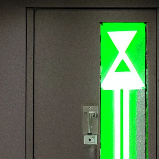 Prompt: a door with a hazardous green glow behind it. there is a sign above the door saying, caution do not enter