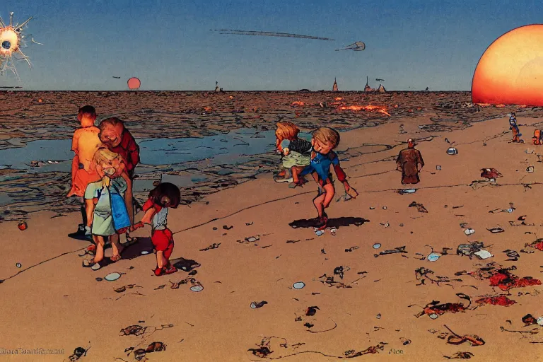 Image similar to children playing at empty beach, huge atomic explosion in the background, wide angle shot, oil on canvas by norman rockwell, by mattias adolfsson, by moebius and satoshi kon, hd, 4 k, high quality,