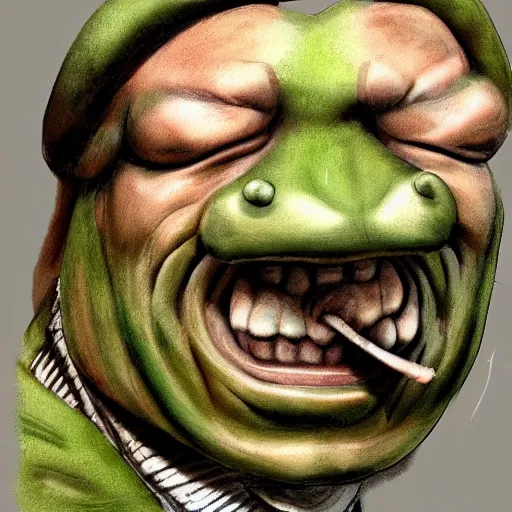 Prompt: A frog mafia boss smiling menacingly by michelangelo, very detailed, deviantart, artstation
