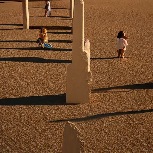 Image similar to children crawling up pillars of desert sand, Surrealist paintings