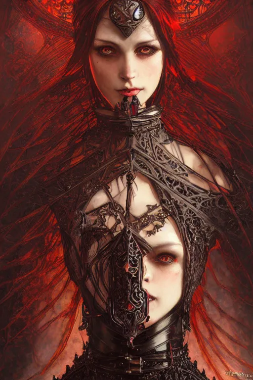 Image similar to beautiful luxury and gothic and victorian and evil medieval female reddish and black color armor knight portrait+smoky eyes+light flowing hair, in ruin gothic cathedral, ultradetail face, art and illustration by tian zi and craig mullins and WLOP and alphonse mucha, fantasy, intricate complexity, human structure, fantasy world concept, watermark, blurry, hyperrealism 8k