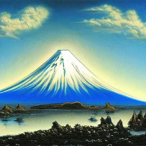 Image similar to An oil painting of spaceship landing on mount Fuji