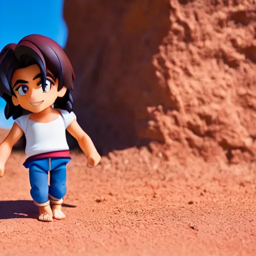 Image similar to side view of young aladdin as nendoroid running in desert village, 8 k hd dof, kodak film,