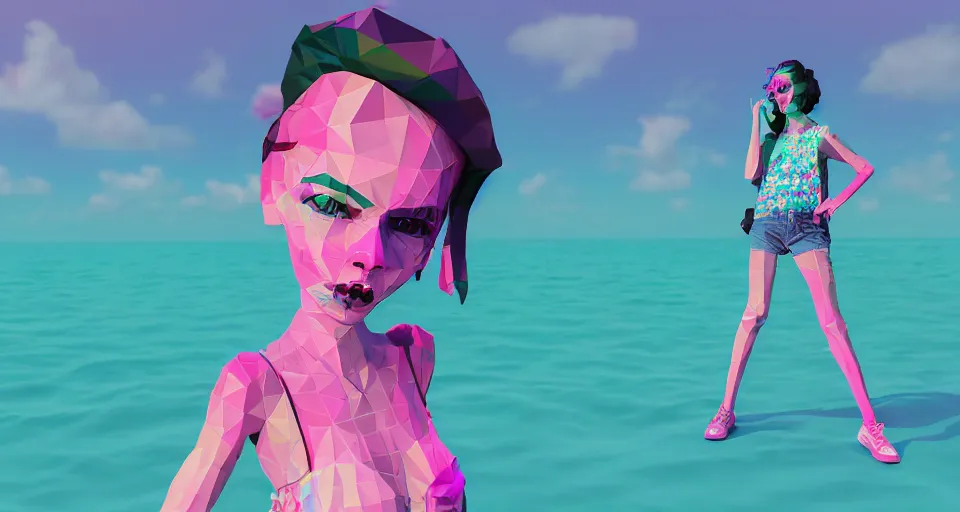 Prompt: vaporwave art of a fashionable zombie girl at a beach, early 90s cg, 3d render, 80s outrun, low poly, from Hotline Miami