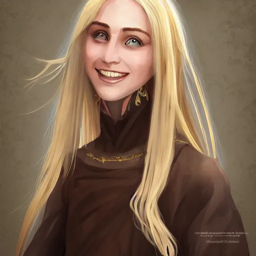 Prompt: portrait, 30 years old women :: fantasy :: long straight blonde hair, windy, beeing happy, smiling :: attractive, symmetric face :: brown woven medieval clothing, natural materials :: high detail, digital art, RPG, concept art, illustration