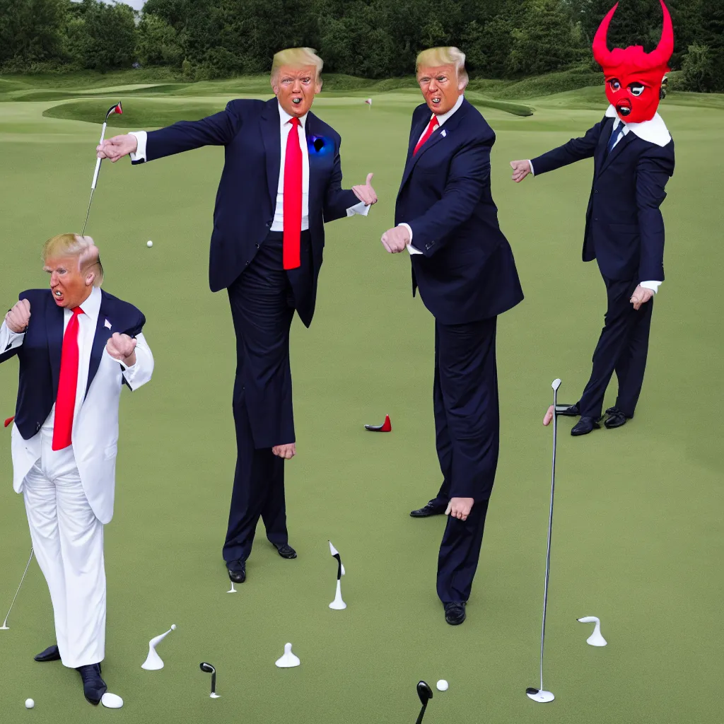 Image similar to donald trump and satan having fun at the putting green, 4 k detailed pphoto