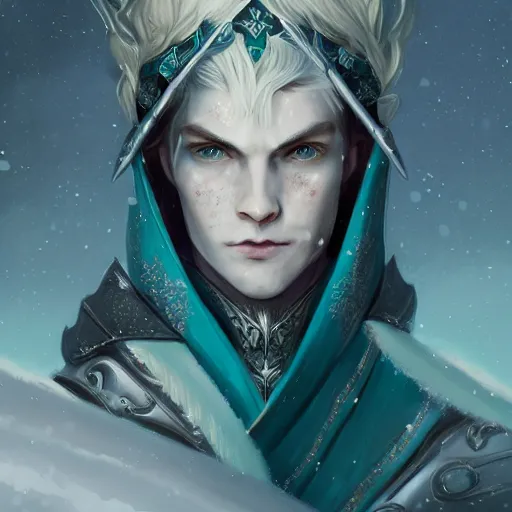 Image similar to half length portrait of a handsome male snow elf in a turquoise cape and silver ornate armour as an archer, albino skin, pale pointed ears, winter vibes, perfect face, elegant, very coherent symmetrical artwork, atmospheric lighting, rule of thirds, by wenjun lin, krenz cushart, charlie bowater, trending on artstation