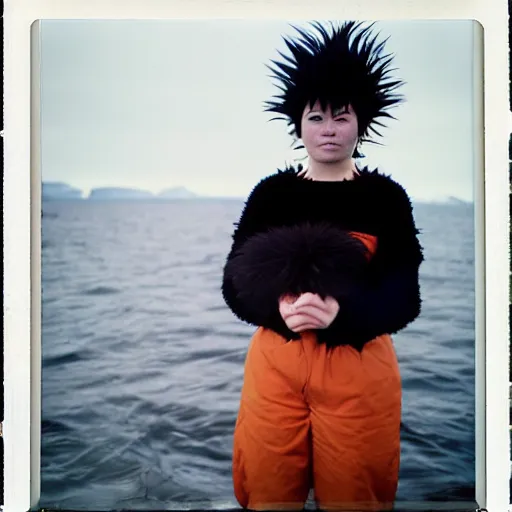 Prompt: black - haired girl with wild spiky black saiyan hair with long bangs over her eyes, hair covering eyes, eyeless, wearing casual clothing, standing on an alaskan fishing vessel, mekoryuk, alaska, 1 9 6 5, polaroid, kodachrome, grainy photograph