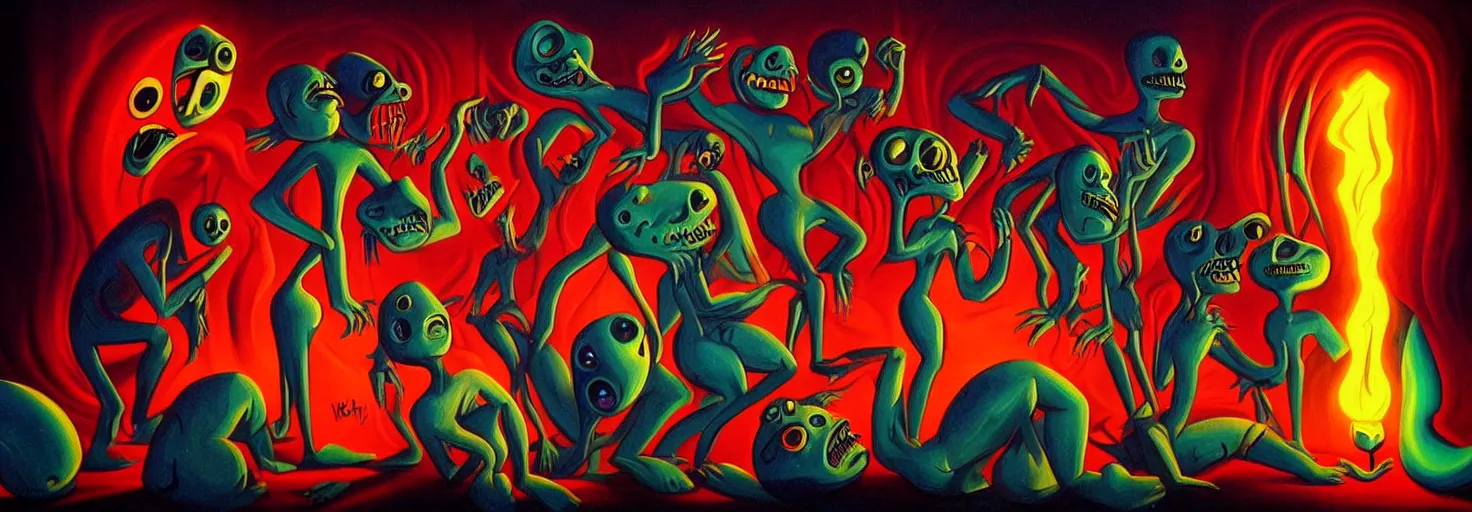 Image similar to visceral freaky monsters from the darkest depths of collective unconscious, dramatic glowing lighting, 1 9 3 0 s fleischer cartoon characters, wild emotional expressions - surreal painting by ronny khalil