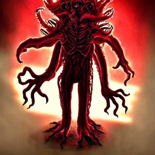 Prompt: demogorgon from stranger things, skin crawling hissing towards the viewer, extremeely spooky vibe, aggressive stance, gesturing towards the camera, ready for attack, comic lighting, the upside down