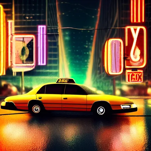 Prompt: retro-futuristic city neon taxi rain reflection 8k