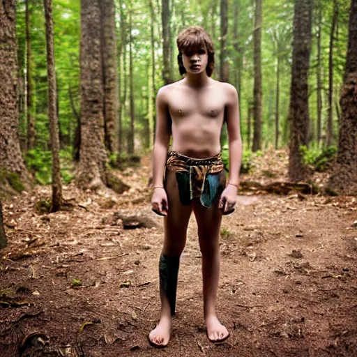 Image similar to a teenage boy, around 1 6 yo. iron necklace and sandals. natural brown hair. loincloth, pale skin. detailed face. ominous and eerie looking forest in background. natural colors. hyperrealistic photo.