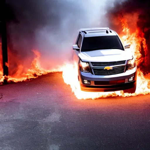 Prompt: a Chevy Tahoe in a dark burning warehouse, with flames illuminating