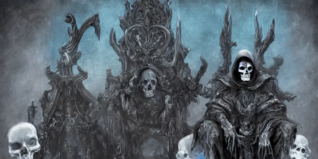 Image similar to Grim reaper sitting on a throne made of skulls, wide shot, digital art, fantasy, concept art, highly detailed, dark colors, blue tint,