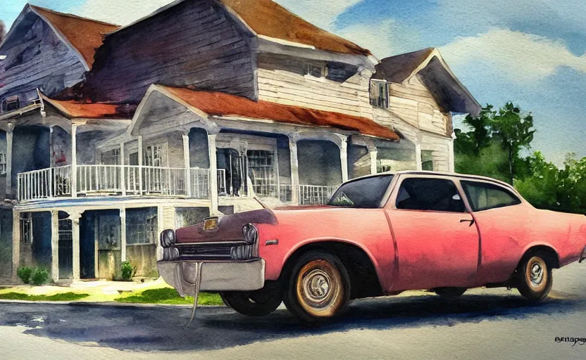 Image similar to a watercolor painting of a chevrolet opala parked near a 1 9 0 0 s house, digital painting, masterpiece, hyperrealistic, concept art, trending on deviantart, highly detailed, high quality, 4 k, symmetrical, low contrast, watercolor, warm, soft lighting, path traced, godrays, vintage, soft colors