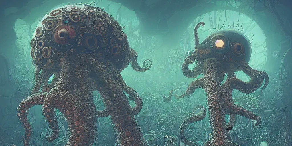 Image similar to highly detailed illustration of a nausicaa alien cephalopod in a world overgrown with fungus and spores, diffuse lighting, fog, stunning atmosphere, religious imagery, huge gargantuan black sun, muted colors, by kilian eng and james jean