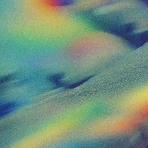 Prompt: of blurred rainbow on J B5 Chirashi photograph, 35mm, film grain