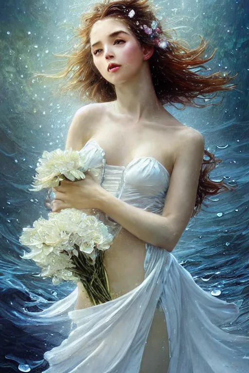 Image similar to portrait of a beautiful woman wearing a white dress, holding a bouquet of flowing flowers, drenched body, wet dripping hair, emerging from the water, fantasy, regal, fractal crystal, fractal gems, by ross tran, stanley artgerm lau, greg rutkowski, thomas kindkade, alphonse mucha, loish, norman rockwell