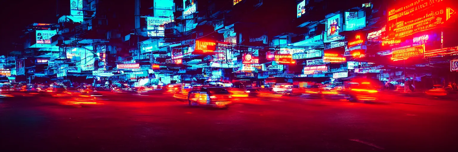 Image similar to Cyberpunk Traffic, futuristic Phnom-Penh Cambodia, neon dark lighting