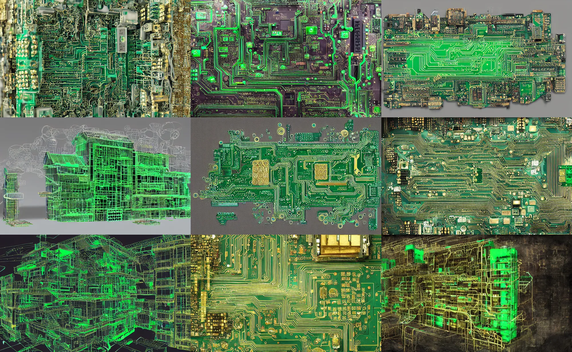 Prompt: memorypunk, ramshackle building built out of computer memory sticks, green plastic translucent circuit board with gold circuits and integrated circuit chips, giant computer parts, city of computer parts and wires, 3d concept art, digital art