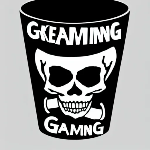 Prompt: a cup with a skeleton saying'gaming '!!!! on it,'gaming'