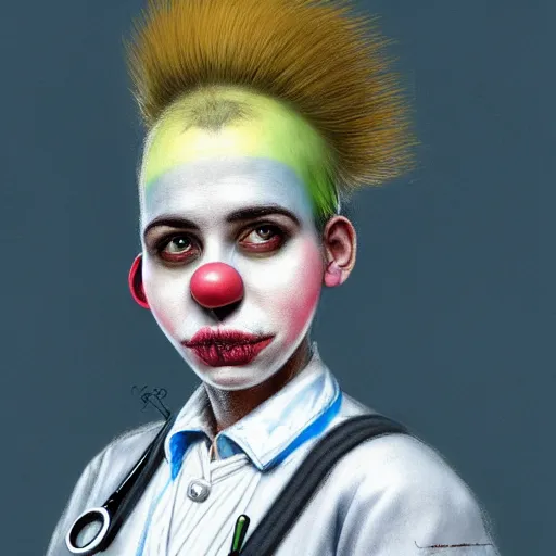 Image similar to clowncore pastel punk young hospital nurse wearing stylish uniform. detailed, portrait, 8 k, artwork by jean - baptiste monge