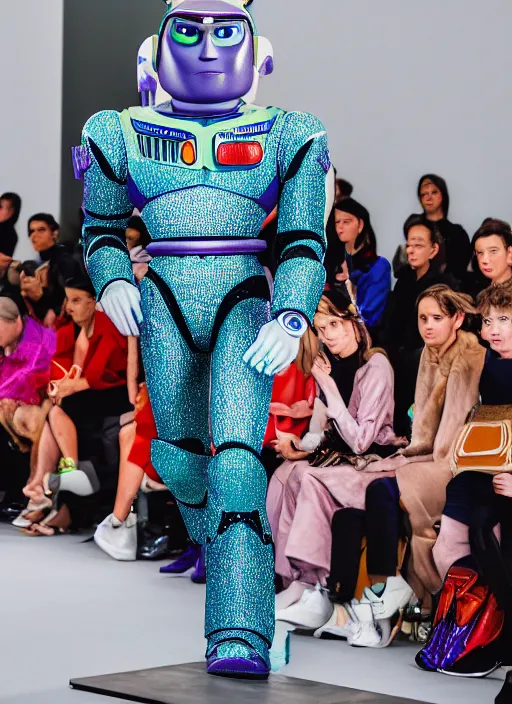 Prompt: hyperrealistic and heavy detailed balenciaga runway show of buzz lightyear, leica sl 2 5 0 mm, vivid color, high quality, high textured, real life