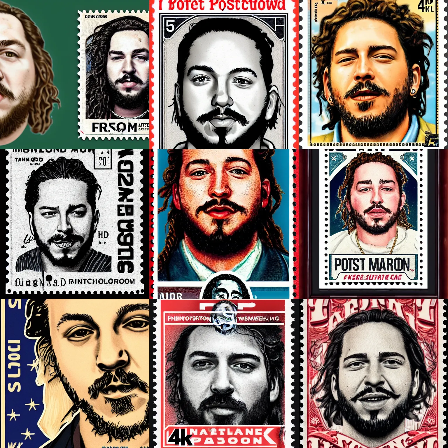 Prompt: a closeup photorealistic illustration of post malone standing next to a vintage american postage stamp with his face on it. framed. fine detail. this 4 k hd image is trending on artstation, featured on behance, well - rendered, extra crisp, features intricate detail, epic composition and the style of unreal engine.