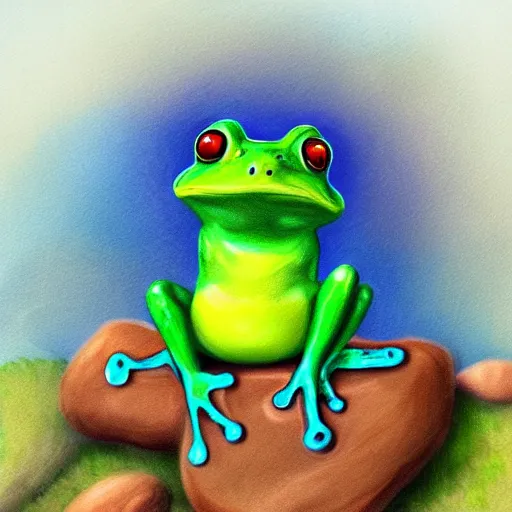 Image similar to cutest frog sitting on a rock and sing, digital painting