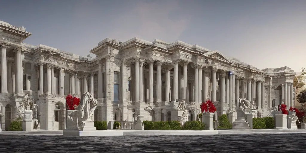 Prompt: 3d rendering of beautiful nature meets neoclassical architecture concept of a large city by Des Ewing Architects, volumetric lighting, luxury, high detail, 14mm, mix of red and white marbles and granite structures, some marble statues can be seen, cinematic photography, lots of space, low density, cg architects, featured in Open House magazine, high resolution